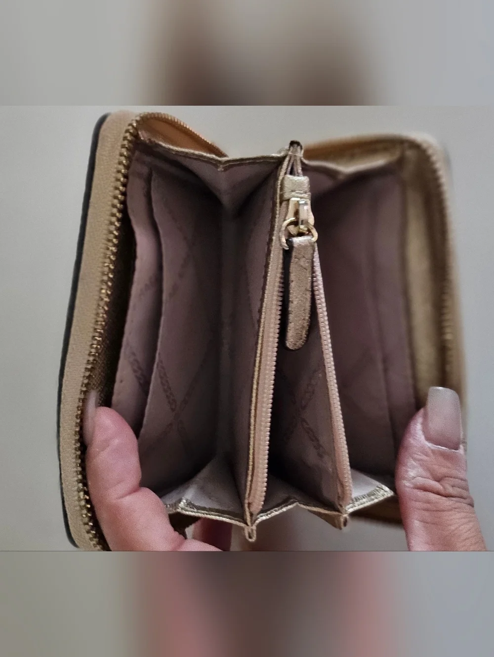Michael Kors Metallic Gold Pebbled Leather Zip Around Card Coin Wallet.